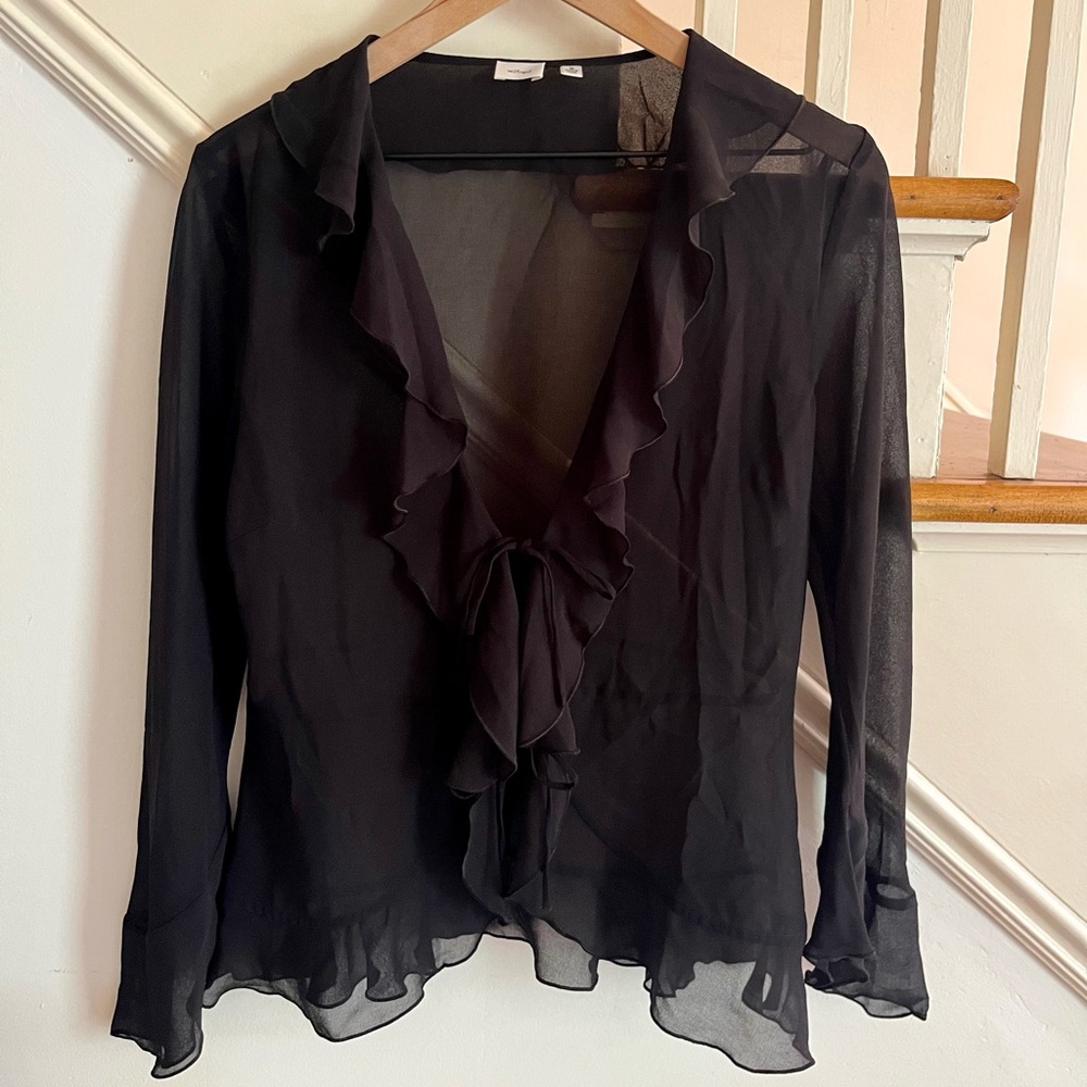 Aritzia Frenchy Blouse Sheer Black Ruffle Detail